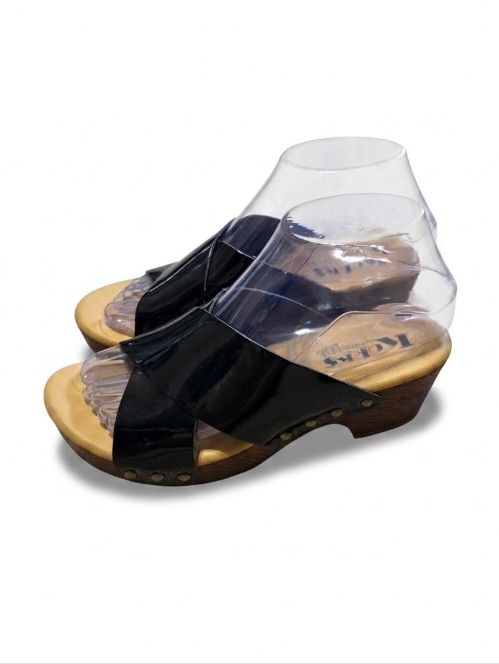 Kork-Ease platform sandals black leather cross-strap‎ design and a wood Sz 6